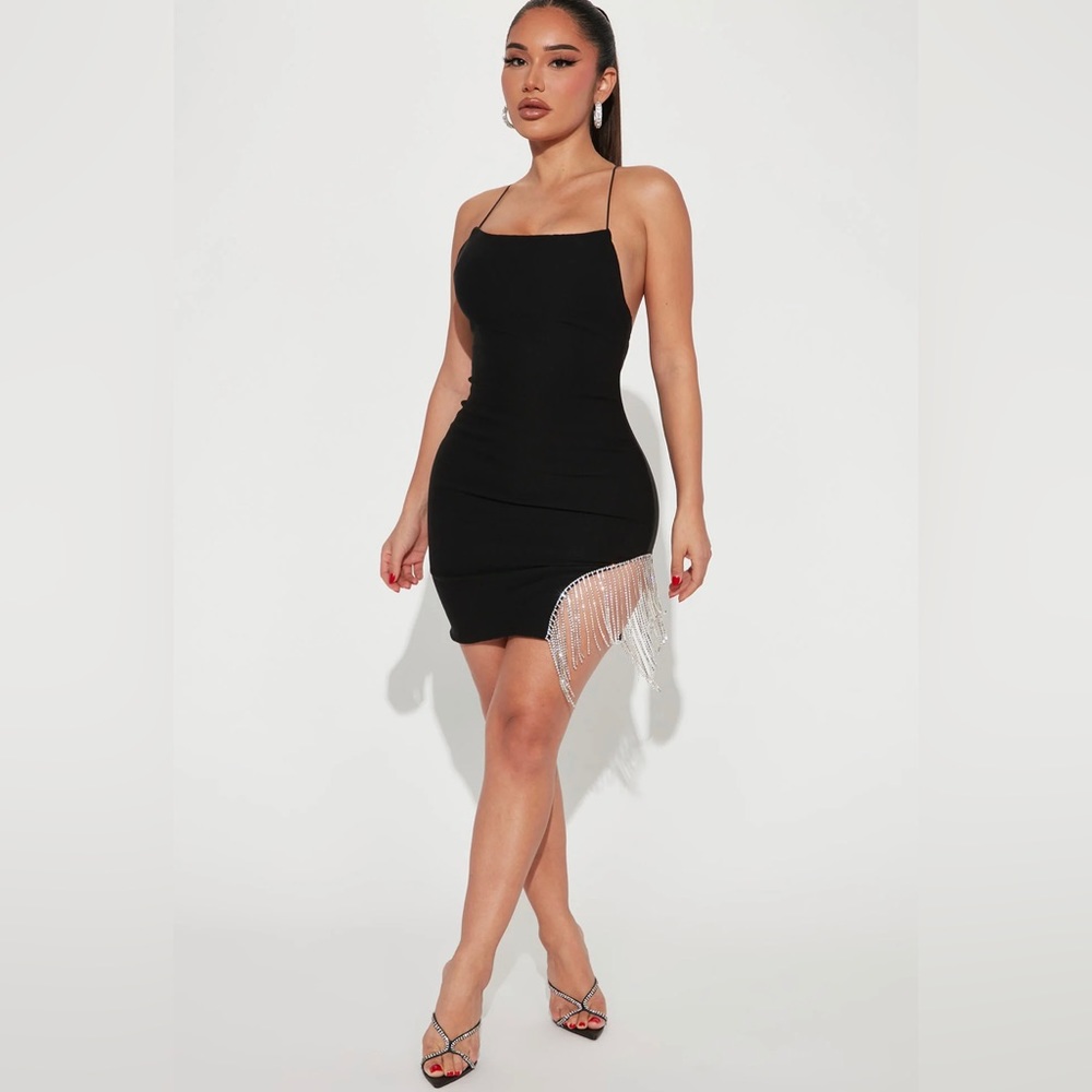 Black mini dress with crystal frindge details